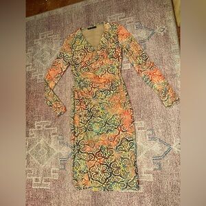 Peruvian connection jersey knit faux wrap gathered v neck long sleeve midi dress